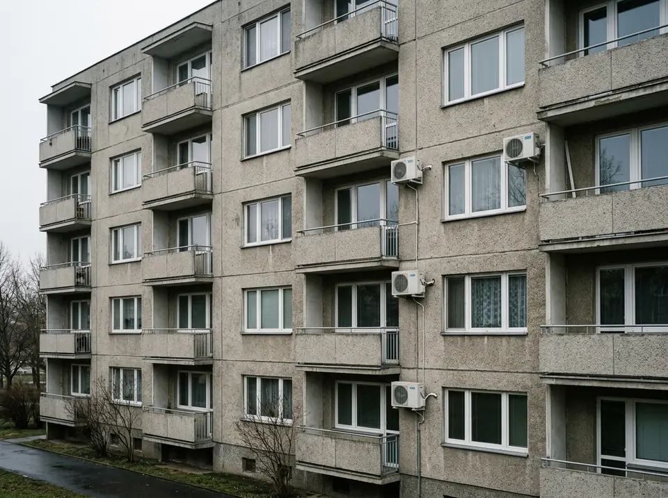 Panelház homlokzata erkélysorokkal, néhány fehér kültéri klímaegységgel